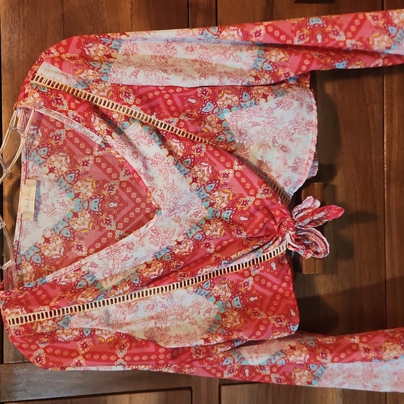 Altar'd State Pink and Orange Tie Front Crop Blouse - Picture 1 of 6